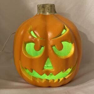 Vintage 9” Blow Mold Pumpkin Lighted Halloween Jack O Lantern Green Light